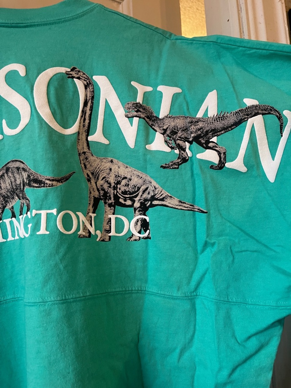 SPIRIT JERSEY Smithsonian Teal Long Sleeve Graphic Tee Washington DC Dinosaur - Picture 3 of 8